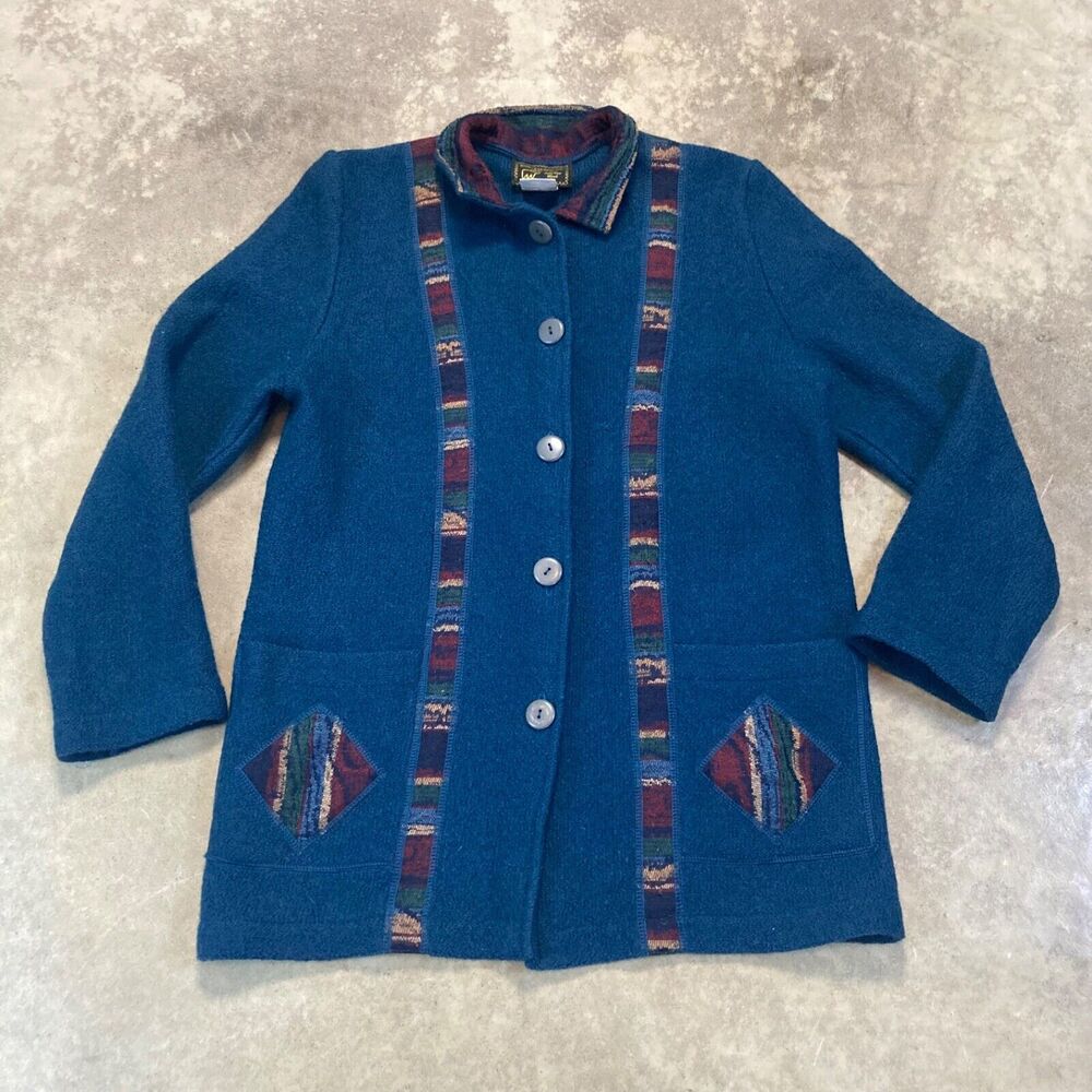 South Wool‎ Jacket Womens M Teal Blue Virgin Wool Uruguay Western Coat Vintage
